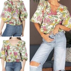 Anthropologie Love The Label Floral Cotton Top With Puff Sleeve & Open Back Sm